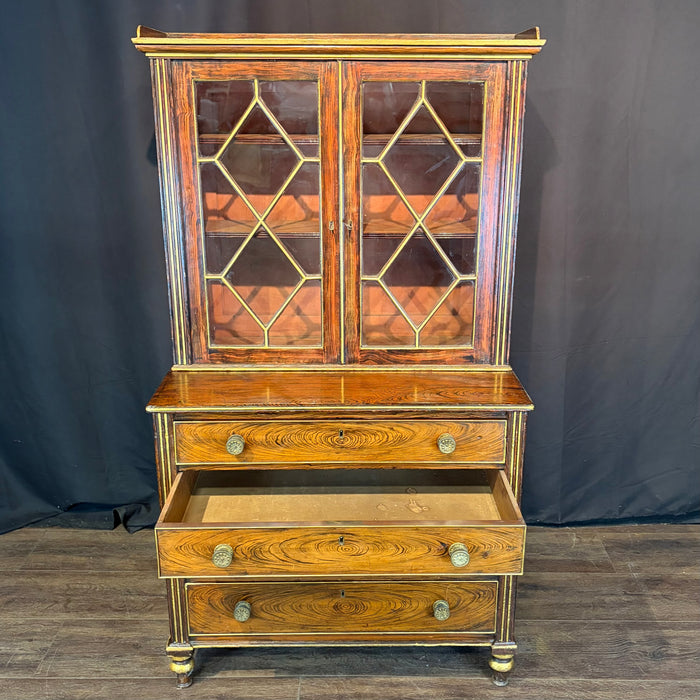 Early 19th Century English Regency Faux Rosewood Secretary Bookcase with Writing Drawer