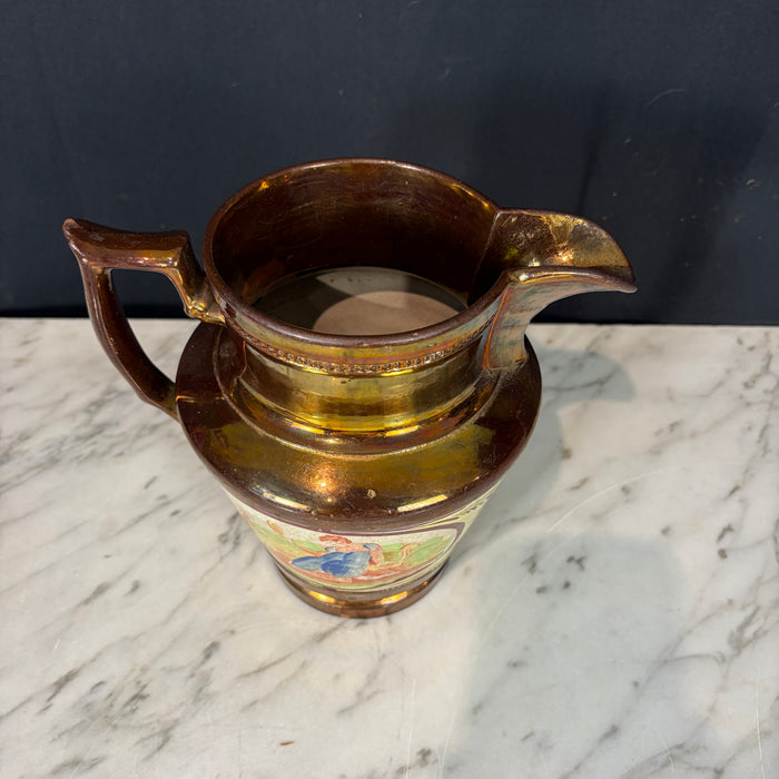 19th Century English Copper Lustreware Pottery Pitcher Jug with Classical Handpainted Figural Decoration