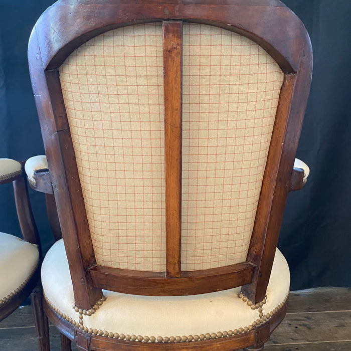 French Pair Louis XVI Carved Mahogany Fauteuil Arm Chairs