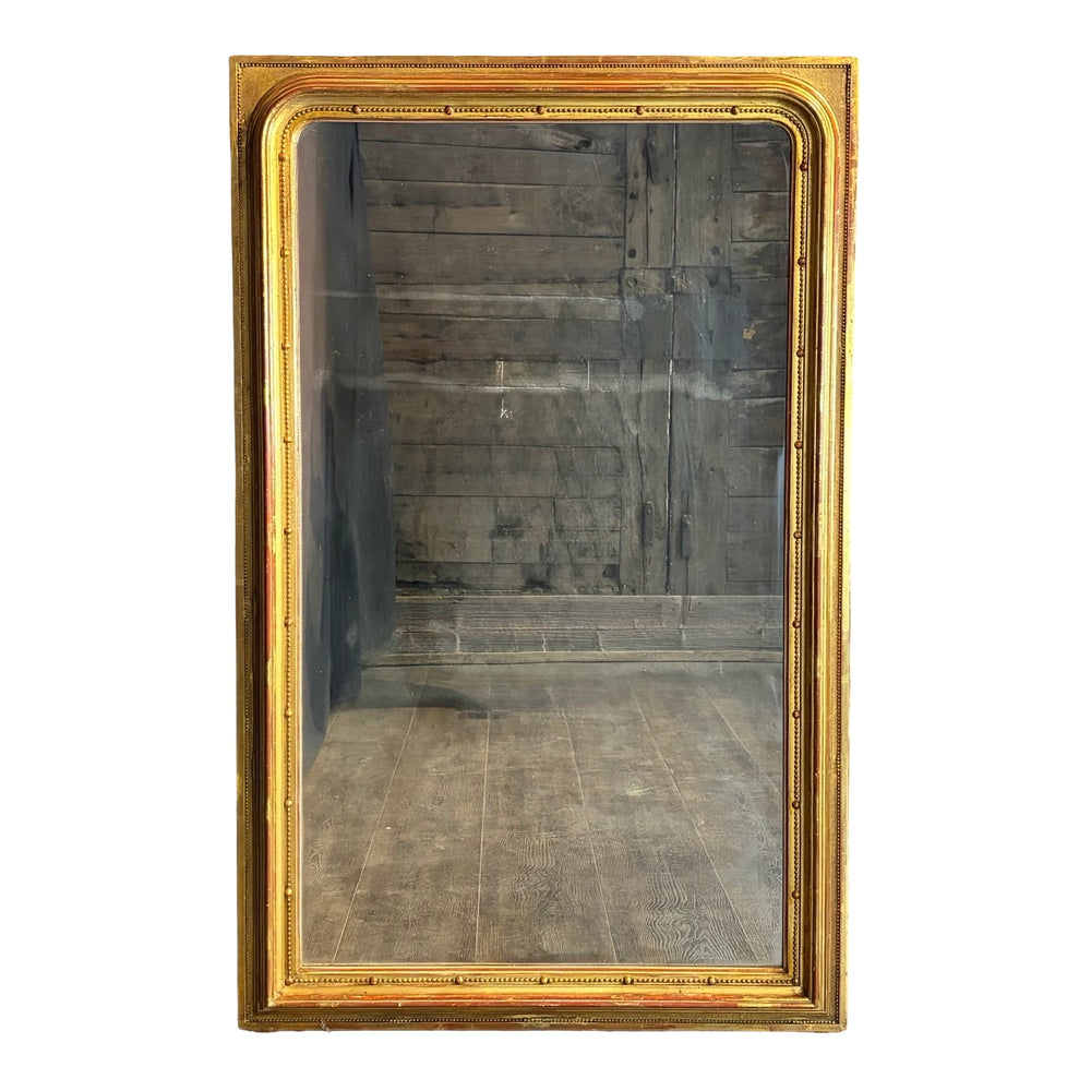 Exquisite 19th Century French Louis Philippe Large Giltwood Mirror with Rich Original Gold Leaf Gilding, Elegant Molded Frame and Beaded Detail