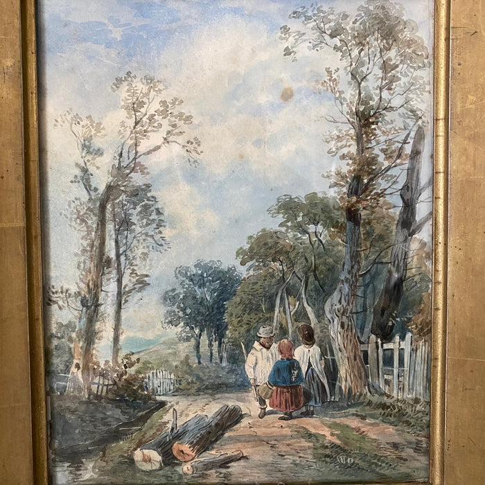 Early 19th Century French Landscape Watercolor painting in Gold Gilt Frame