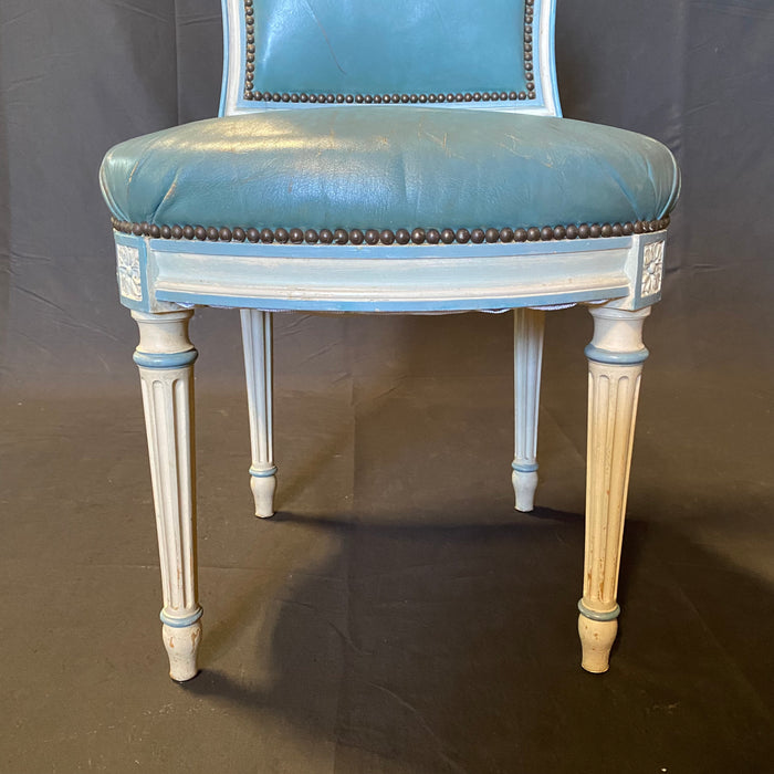 Fine Set of 6 Blue Leather Gold Embossed French Louis XVI Painted Dining Chairs