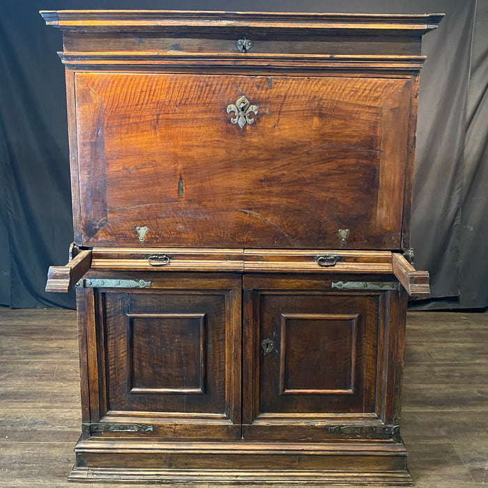 18th Century Spanish Baroque Walnut Bargueno or Vargueno Fall-Front Writing Desk Cabinet Spanish Cabinet "Bargueño" or Vargueno on Stand, Original Wrought Iron and Keys