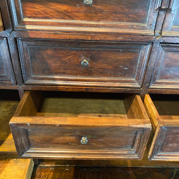 18th Century Spanish Baroque Walnut Bargueno or Vargueno Fall-Front Writing Desk Cabinet Spanish Cabinet "Bargueño" or Vargueno on Stand, Original Wrought Iron and Keys