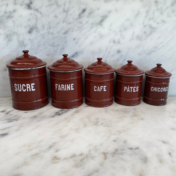 Set of Five French Reddish Brown Enamel Kitchen Canisters with Original Lids