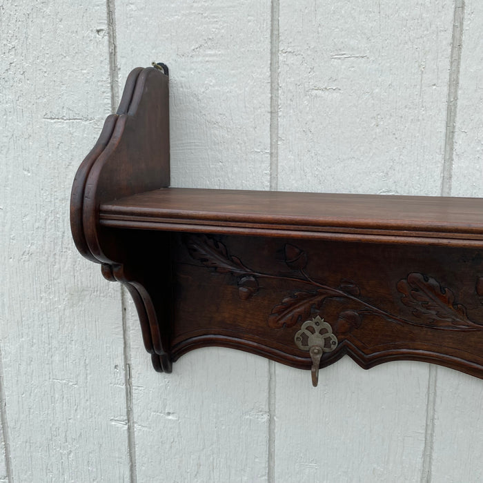 Antique Hand Carved 19th Century Walnut Hat and Coat Rack and Wall Shelf or Bookshelf with Hooks