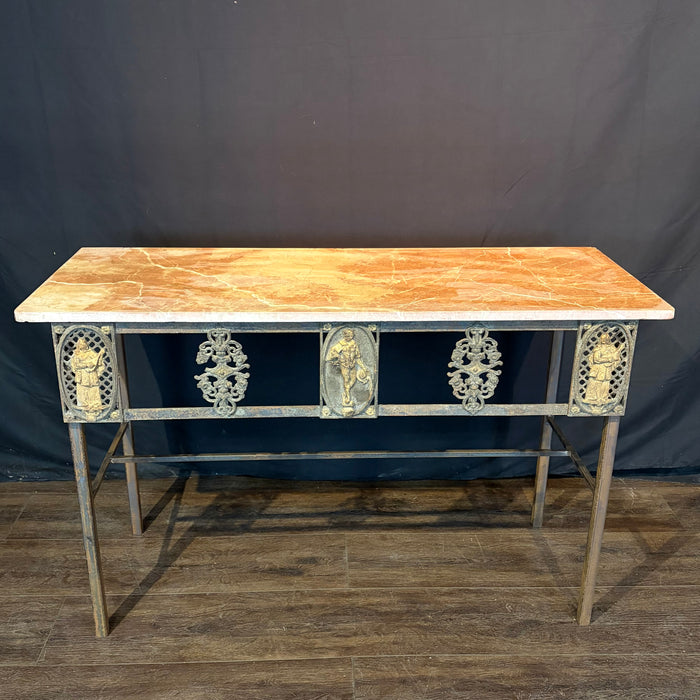 Antique French Balcony Console Table with Marble Top & Figural Wrought Iron Panel