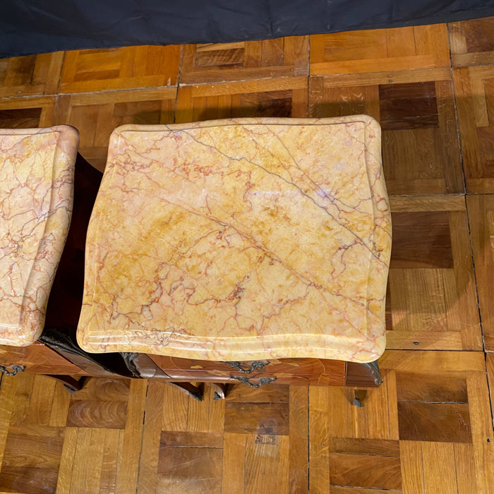 Pair French Louis XV Satinwood Nightstands with Inlaid Marquetry and Marble Tops