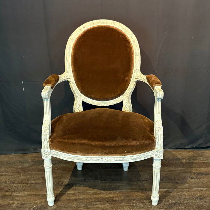 Pair of 19th Century French Louis XVI Carved and Painted Fauteuil Armchairs with Exceptional Carving