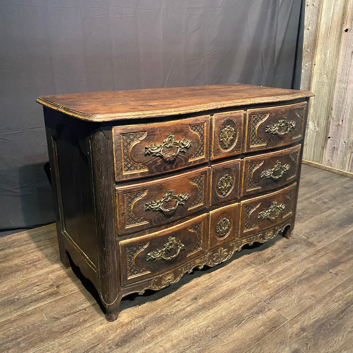 Early 19th Century French Louis XV Commode, Dresser or Chest of Drawers with Ebony Accents and Carved Drawer Front French Carved Louis XV Chest of Drawers