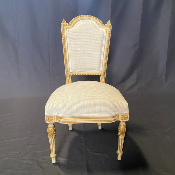 Set of 6 French 19th Century Salon Chairs, Side Chairs or Dining Chairs with Original Gilt and White Paint and New Upholstery