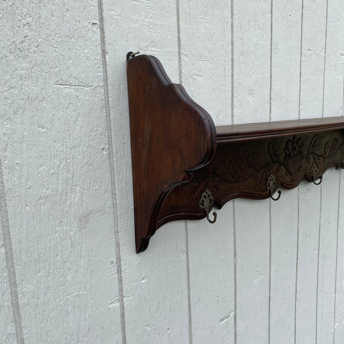 Antique Hand Carved 19th Century Walnut Hat and Coat Rack and Wall Shelf or Bookshelf with Hooks