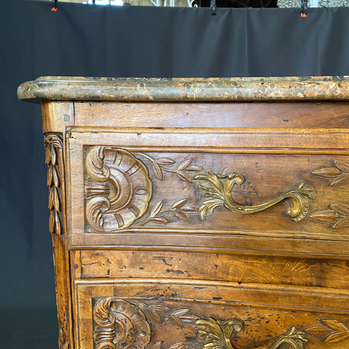 French Period Louis XV Marble Top Commode or Chest of Drawers or Dresser with Exquisite Carving