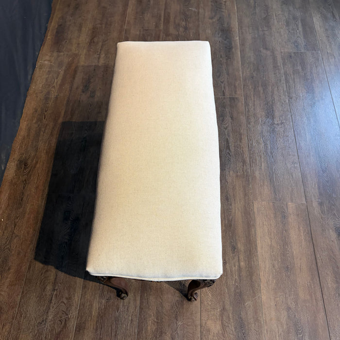 Antique French Louis XV Carved Walnut Bench with New Linen Upholstery
