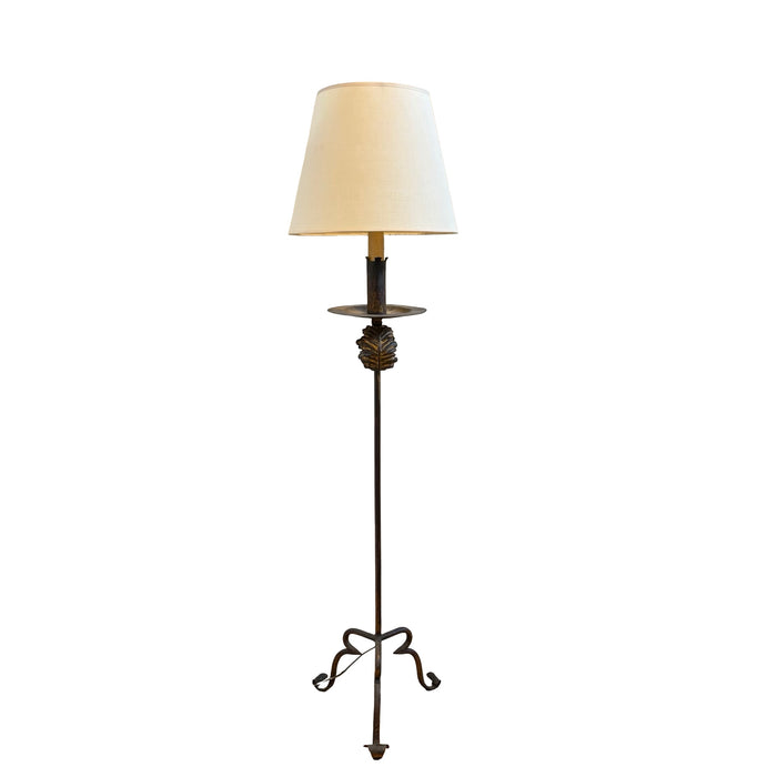 Antique French Baroque Revival Gilt Metal Floor Lamp with Wrought Iron Scroll Base and Decorative Foliate Detail
