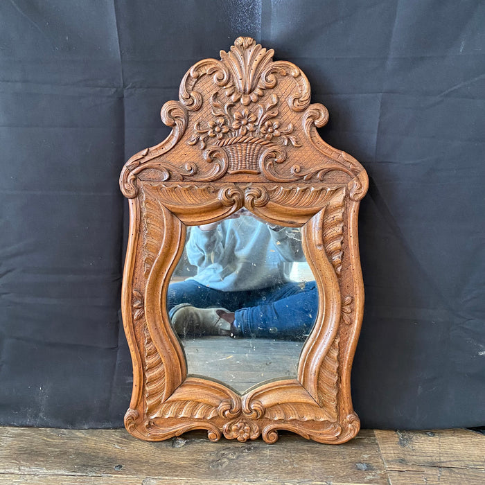 19th Century French Carved Provincial Wooden Walnut Mirror with Floral and Wave Motif