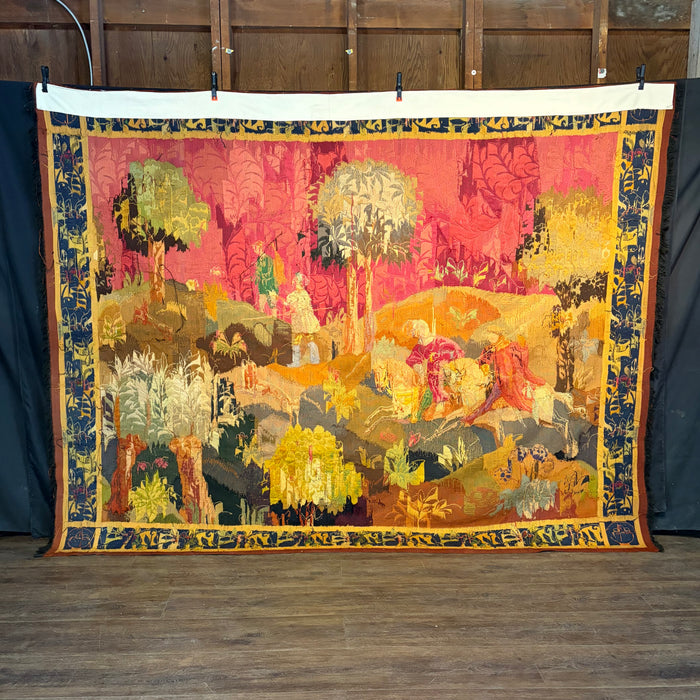 French Verdure Tapestry with Hunt Scene, Figures and Hounds