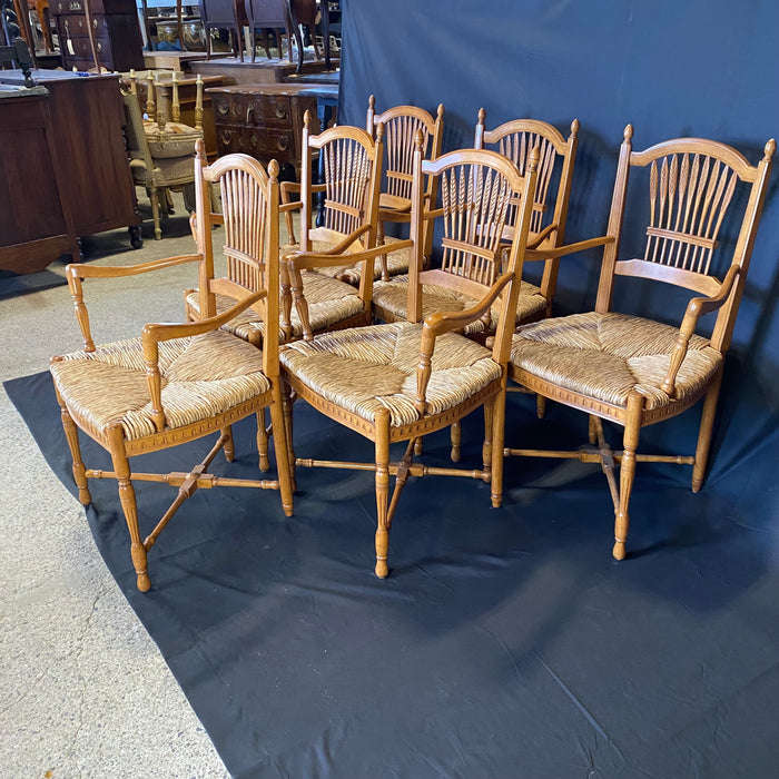 French Provincial Style Rush Seated Wheat Sheaf Arm Chairs or Dining Chairs, Set of 6