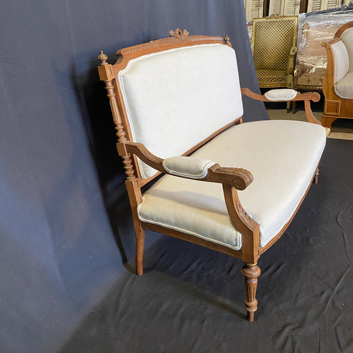 French Louis XVI Walnut Parlor Suite Set: Sofa, Loveseat or Settee with a Pair of Carved Side Chairs