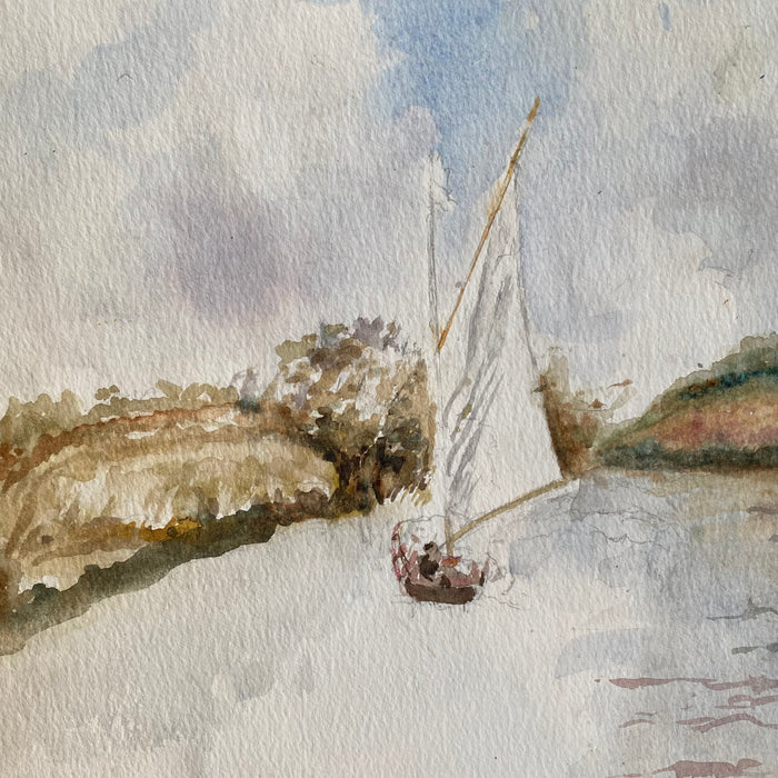 Listed British Artist Bernard Harper Wiles (1883-1966) -  Sailboat on a River: Watercolor Painting