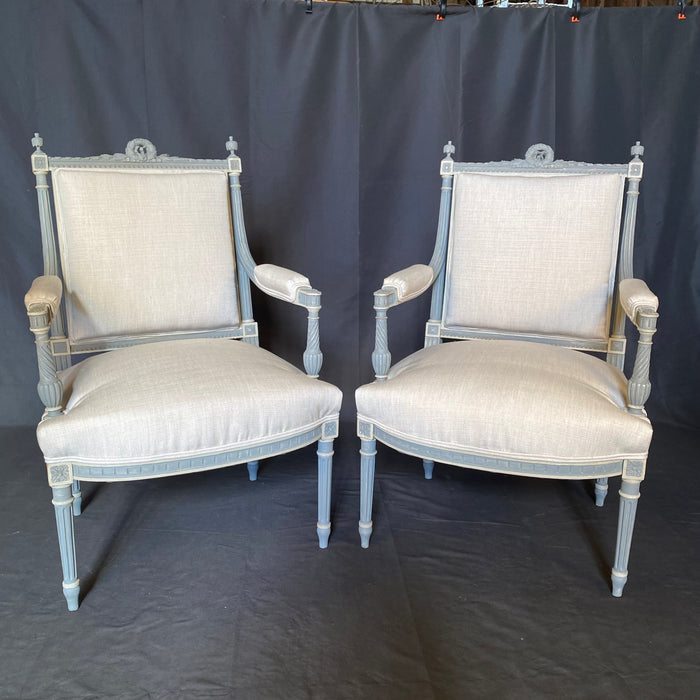 French 19th Century Pair of Louis XVI Neoclassical Painted Armchairs or Fauteuils