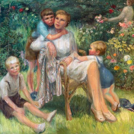 Impressionist Oil Painting: Listed Maine Artist Emily Muir (1904–2003) Large Figural Garden Scene with Mother and Children, Oil on Canvas