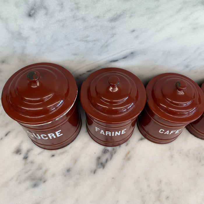 Set of Five French Reddish Brown Enamel Kitchen Canisters with Original Lids