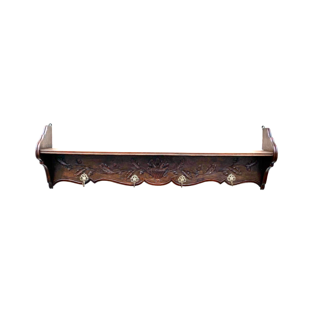 Antique Hand Carved 19th Century Walnut Hat and Coat Rack and Wall Shelf or Bookshelf with Hooks