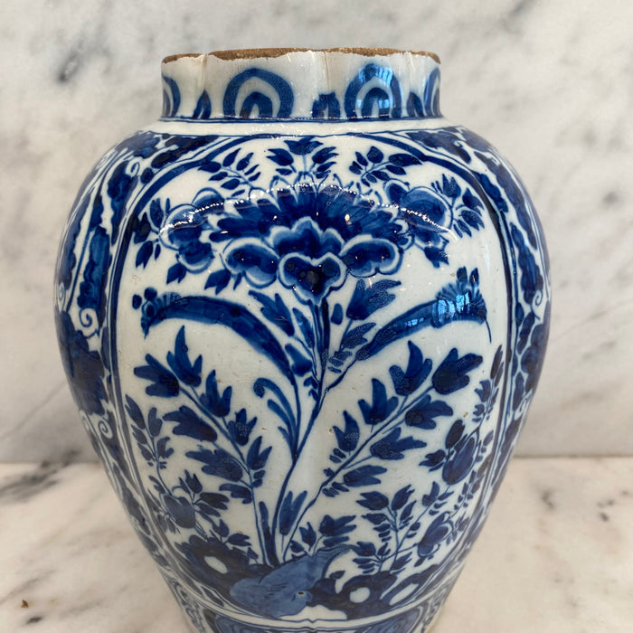 Late 18th Century Dutch Delft Blue and White Hand-Painted Baluster Vase
