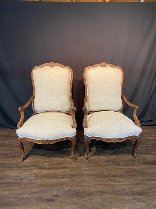 Antique French Pair Louis XV Armchairs or Fauteuils with Fine Carving and New Upholstery