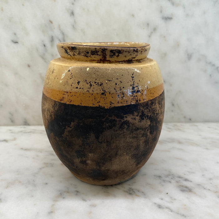 French Yellow Confit Pot or Toupin Pot with Handle