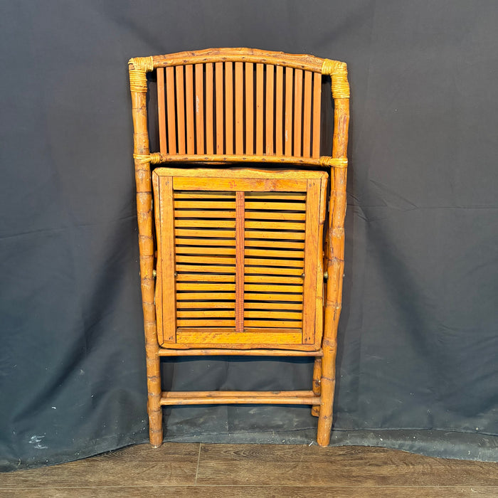 Pair of Midcentury Tortoiseshell Bamboo Folding Chairs with Bamboo and Rattan Tray Table