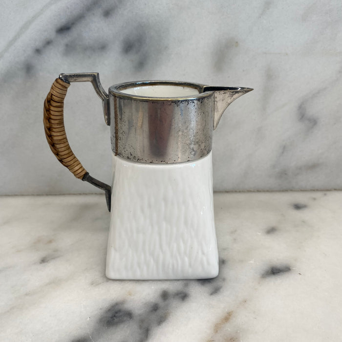 Wedgwood British Porcelain & Silver Plate Cream Pitcher with Wicker Handle