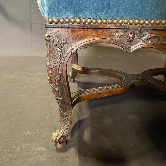 Pair of 19th Century French Louis XV Chairs with Original Blue Mohair Upholstery Armchairs or Fauteuils