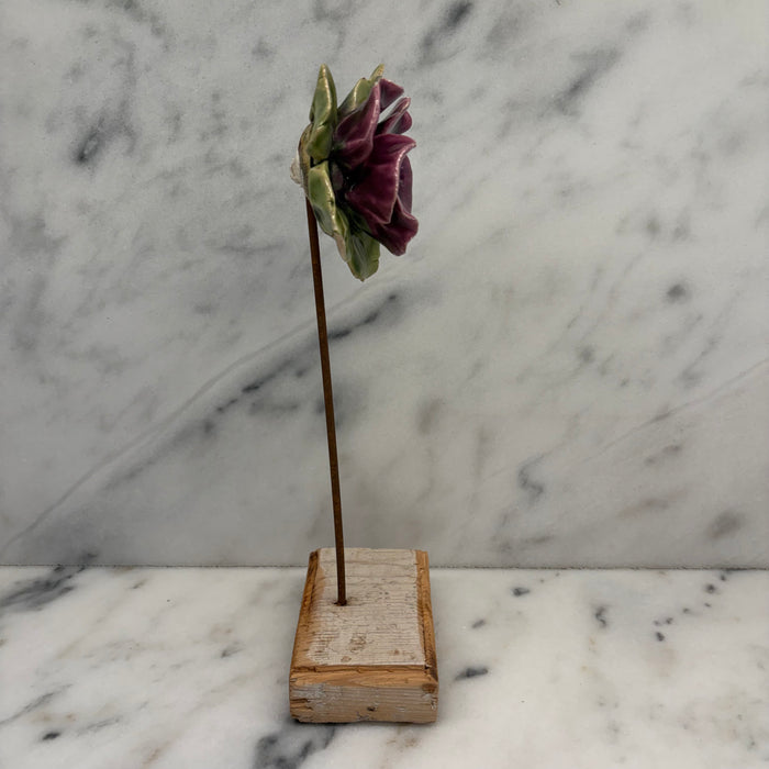 Antique French Purple Porcelain Violet Flower Botanical Sculpture on Custom Display Stand