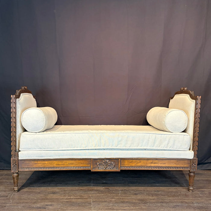 Antique French Louis XVI Carved Walnut Expandable Daybed, Settee and Guest Bed with Neutral Upholstery