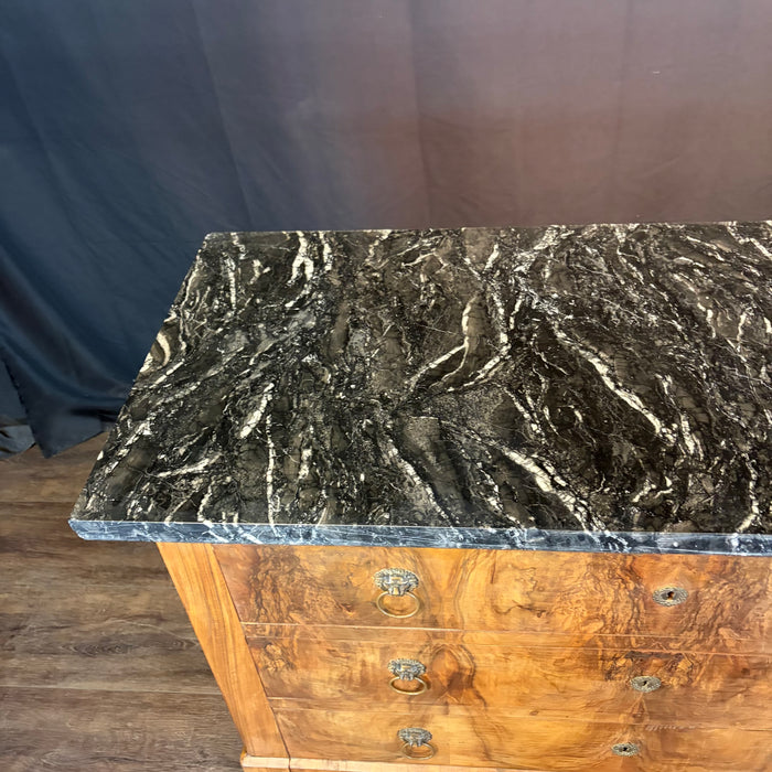 19th Century French Burled Wood Commode, Dresser or Chest of Drawers with Marble Top and Lion Pulls