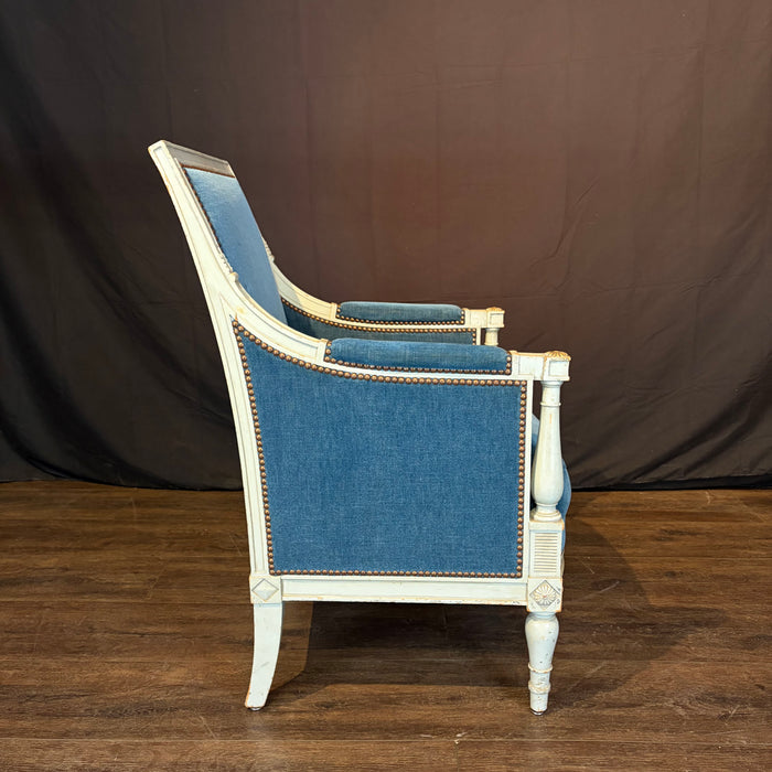 Pair of Antique French Neoclassical Painted Armchairs or Bergères in Blue Mohair