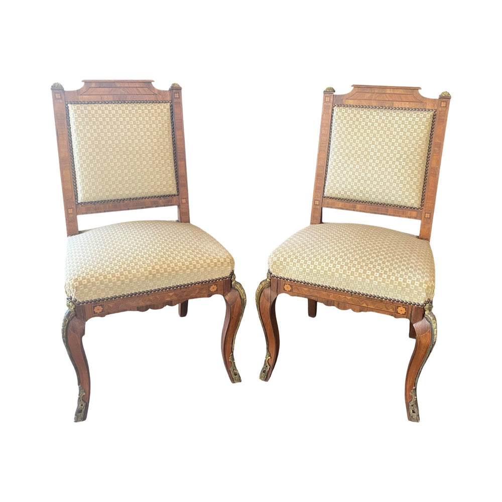 Pair of Antique French Neoclassical Side Chairs or Accent Chairs with Spectacular Inlay and Bronze Mounts