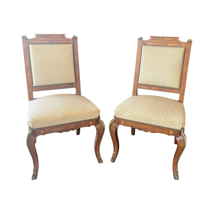 Pair of Antique French Neoclassical Side Chairs or Accent Chairs with Spectacular Inlay and Bronze Mounts