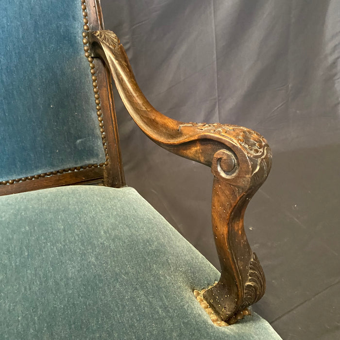 Pair of 19th Century French Louis XV Chairs with Original Blue Mohair Upholstery Armchairs or Fauteuils