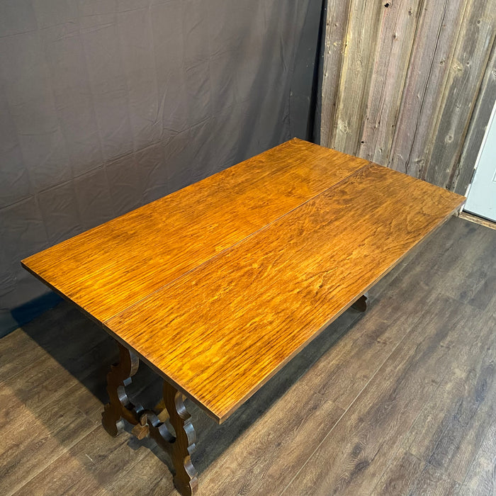French Console Table or Dining Table with Carved Trestle Base and Folding Solid Oak Top