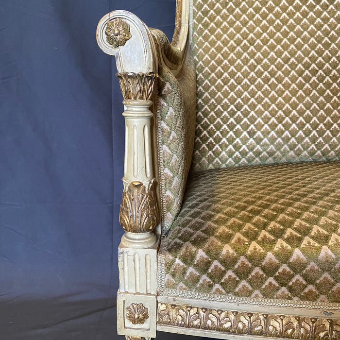 19th Century Fine French Louis XVI Carved Sofa, Loveseat or Canapé with Original Cream and Gold Gilt Paint