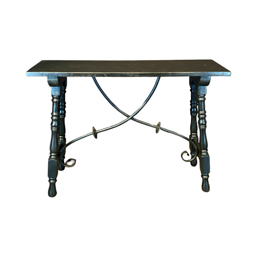 Ebony Spanish Console Table or Sofa Table with Turned End Supports Joined by Iron Stretchers