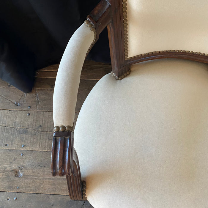 French Pair Louis XVI Carved Mahogany Fauteuil Arm Chairs