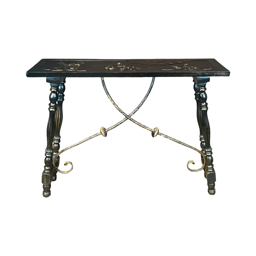 Ebony Spanish Console Table or Sofa Table with Carved Top and Iron Stretchers