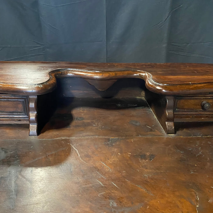 Italian 1800s Baroque Carved Walnut Writing Desk or Table with Drawers, Lyre Base and Iron Stretchers