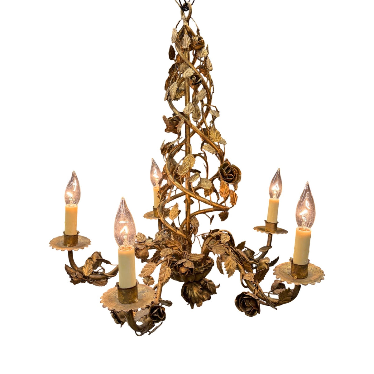 Antique French Gold Tole Floral Chandelier with Original Gilding