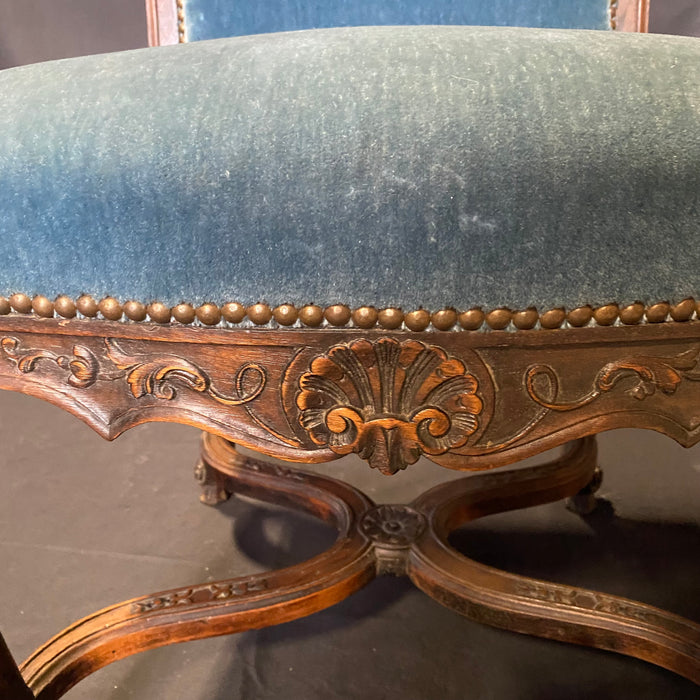 19th Century French Louis XV Chairs with Original Blue Mohair Upholstery: Set of 4 - 2 Armchairs and 2 Side Chairs