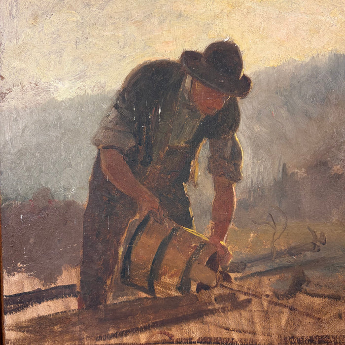1902 French Oil Painting of a Vineyard Worker with a Hotte à Vendange (Wine Harvester)